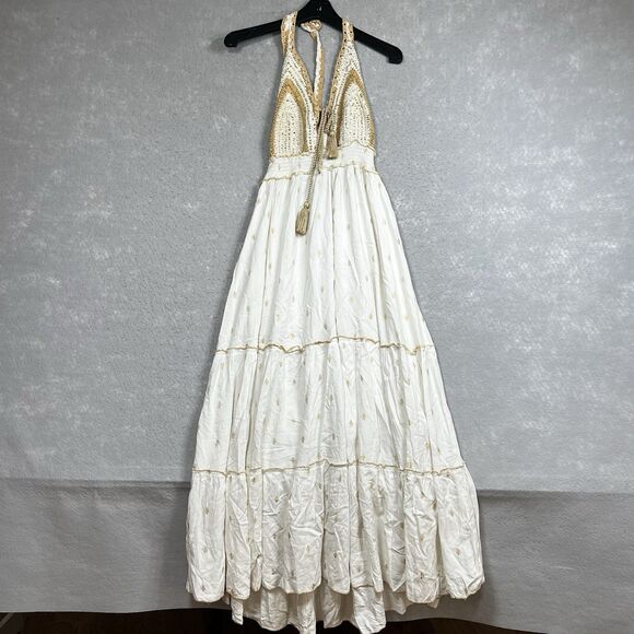 Zury Dresses & Skirts - Zury Maxi Dress V-neck Caftan White BOHO Paisley Embroidered Women’s Free Size